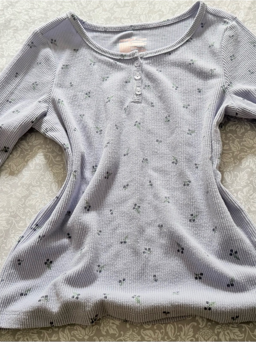 Light Lavender Ribbed Henley Top with Tiny Floral Print